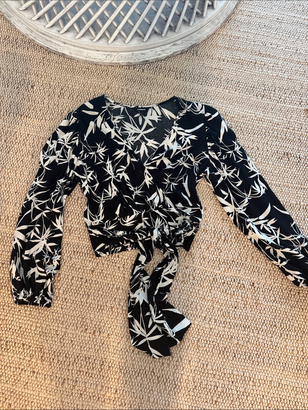 Express Black & White Wrap Tie-Front Blouse